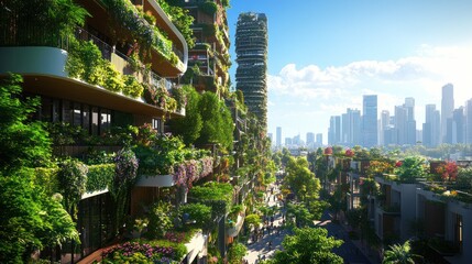Obraz premium A city lush with greenery, where vibrant plants and trees are integrated into the urban landscape, creating a refreshing and eco-friendly environment for residents and visitors.