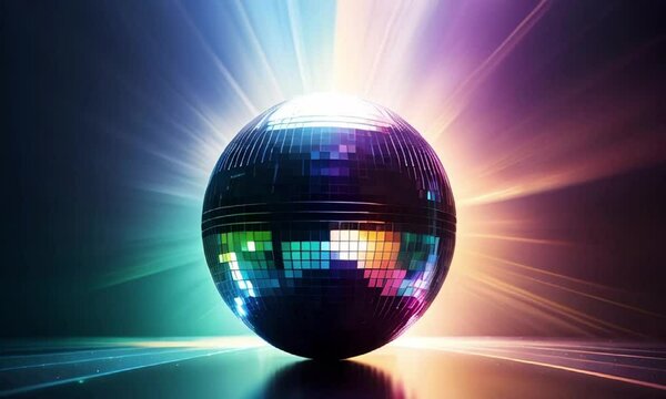 Disco ball on the multi-colored rays background.