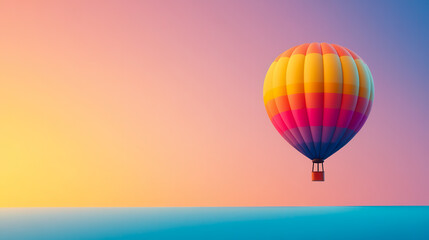 Fototapeta premium Vibrant Hot Air Balloon Soaring Above Tranquil Horizon at Sunrise with Colorful Stripes Against a Soft Gradient Sky in Warm Pastels