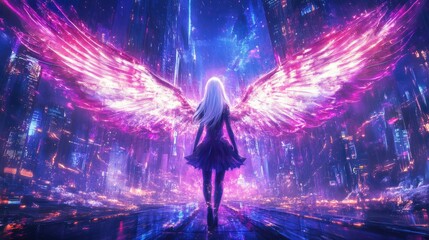 Anime girl with glowing pink wings and white hair in a vibrant futuristic cityscape, standing confidently amidst neon lights and skyscrapers, digital art, fantasy scene, urban fantasy.