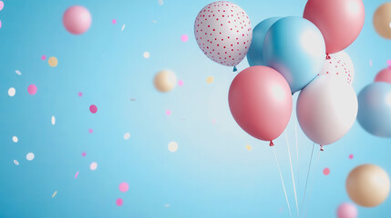 Fototapeta premium Colorful Balloons in Soft Blue Background Surrounded by Festive Confetti, Perfect for Celebrations, Parties, Birthdays and Joyful Occasions, Evoking Happiness and Fun