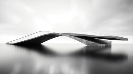 Innovative Monochrome Bridge Design with Fluid Curves and Sleek Lines over a Calm Water Surface, Set Against a Dramatic Cloudy Sky.