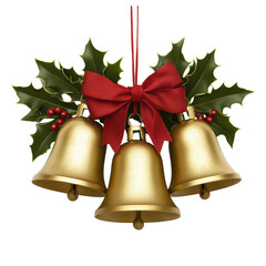 A watercolor illustration of golden bells adorned with holly leaves, red berries, and ribbons, evoking a festive Christmas theme.

