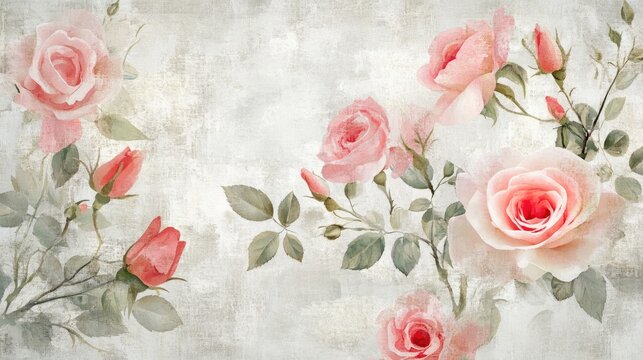 Delicate pink rose blooms intertwined with soft green leaves on a textured white floral background, creating an abstract representation of love and nature.