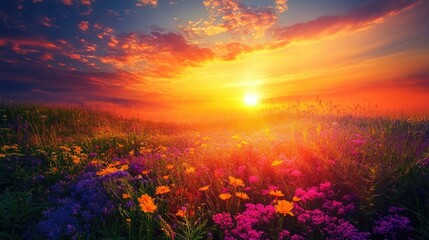 Fototapeta premium Vibrant summer fields illuminated by a stunning sunset, showcasing colorful wildflowers under a dramatic sky filled with hues of orange and purple.