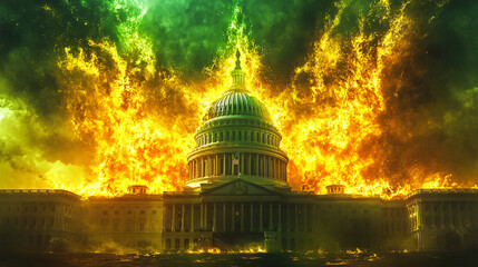 Obraz premium Green and Gold Flames Engulfing the Capitol Building, Each Side Trying to Burn Brighter Than the Other 