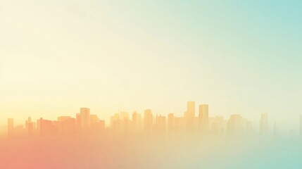 A serene sunrise over a city skyline, blending colors of teal and peach in the sky.