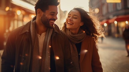 Naklejka premium Young multiracial couple in love on the streets at Christmas