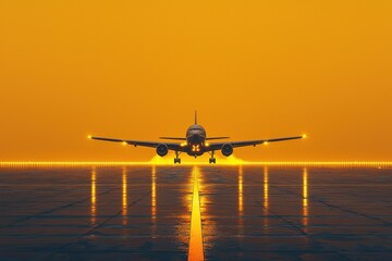 Commercial airplane taking off from a bright runway during sunset