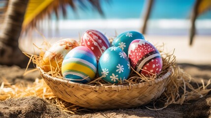 Colorful Easter eggs on the beach in sunny day. Easter concept.