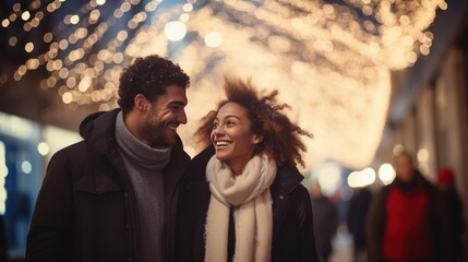 Fototapeta premium Young multiracial couple is savoring the enchanting ambiance of a holiday market