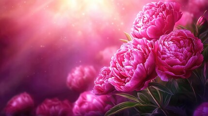 Vibrant bouquet of lush pink peonies against a dreamy, softly blurred background filled with warm, glowing light hues.