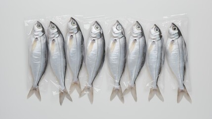 silver colored croaker fish arranged vertically, vacuum packed in clear plastic ready for freezing