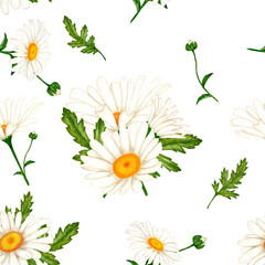 Watercolor seamless pattern with chamomile flowers and leaves. For printing the design on fabric.