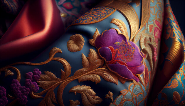 Abstract detailed wavy fabric 3D pattern, beautiful floral shapes, close-up. Dark silk composition. Generative AI
