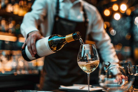 Generative AI image sommelier pouring wine into glasses during formal tasting event in luxurious restaurant wine storage winery