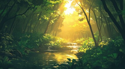 Obraz premium Sunlit forest scene with vibrant greenery and a serene stream, illuminated by warm sunset rays filtering through the trees.
