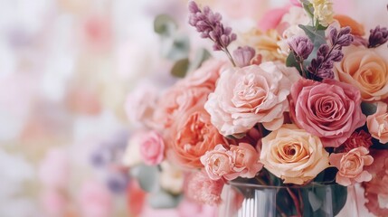 Fototapeta premium Colorful bouquet of roses and lavender in a glass vase.