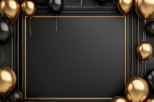 Elegant black and gold balloons surrounding a dark picture frame with a blank center.