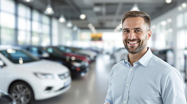 A car salesman smiles at his dealership or business selling new and used cars. 