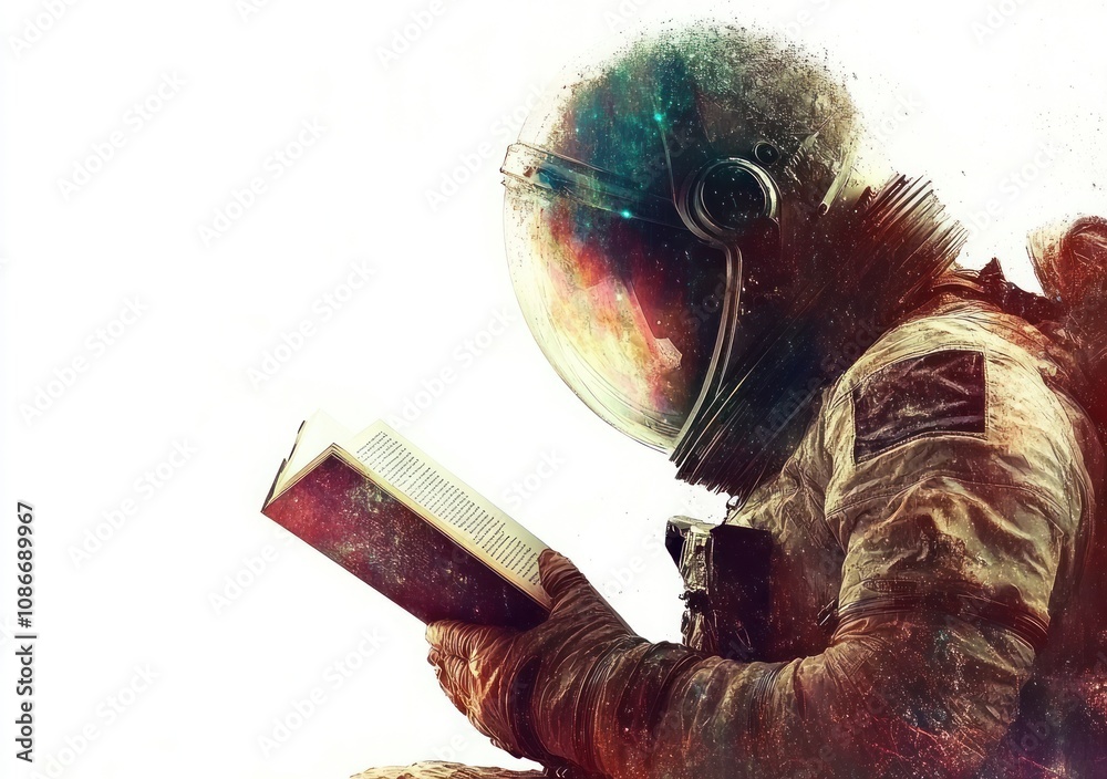 Aufkleber an astronaut reading a book in a cosmic setting, blending space exploration with knowledge.