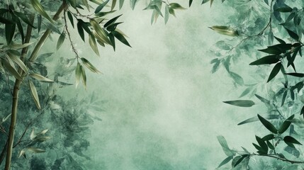Bamboo garden backdrop showcasing a delicate arrangement of bamboo stems and lush leaves on a soft green background, ideal for wellness and beauty themes.