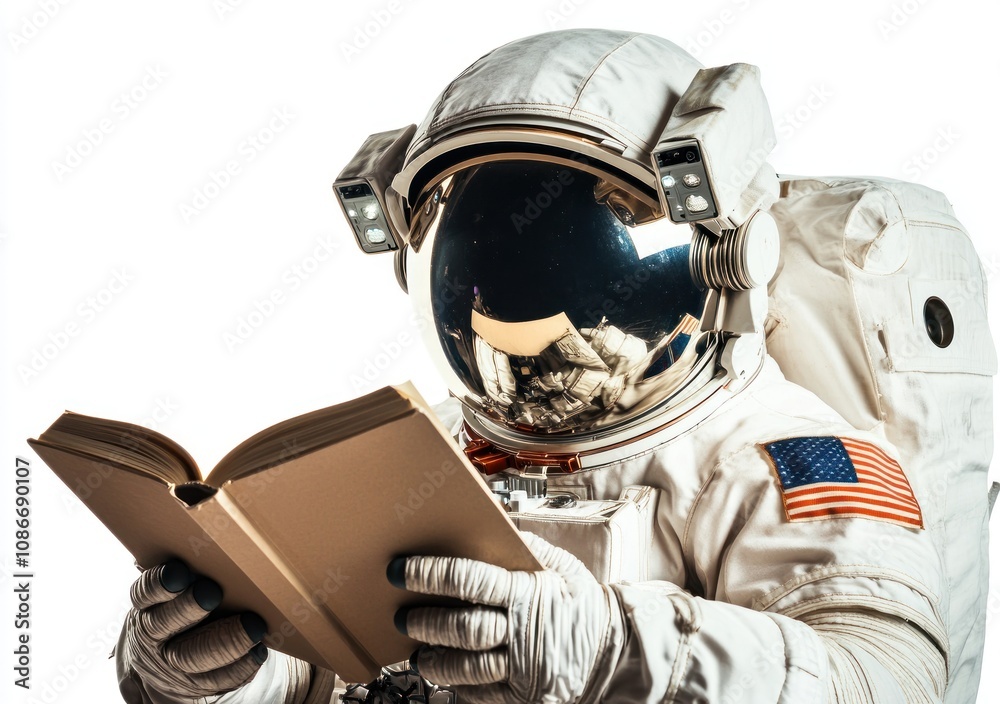 Poster an astronaut reading a book in a space suit, showcasing curiosity in a cosmic setting.