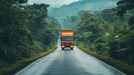 Vibrant Orange Delivery Truck on Rainy Road Surrounded by Lush Green Forest Landscape with Misty Mountains in Background