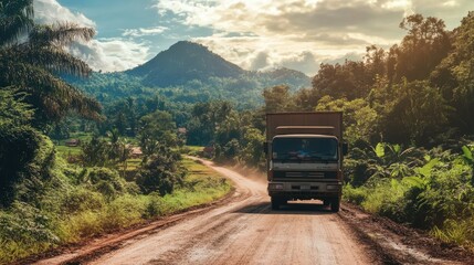 A Truck Traveling on a Dusty Road Surrounded by Lush Greenery and Majestic Mountains Under a Beautiful Sky at Dusk