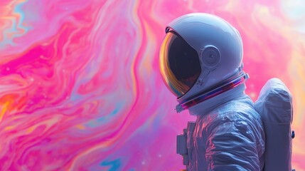 Astronaut in white space suit with reflective visor stands against swirling vibrant pink and orange abstract background, evoking a sense of exploration and creativity.