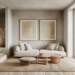 Serene Minimalist Living Room with Wood-Framed Artwork and Cozy Textures