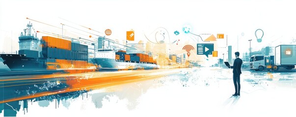 Obraz premium Global logistics illustrated with cargo ships and technology integration