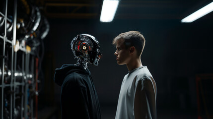 Profile View of Man and Robot Facing Each Other