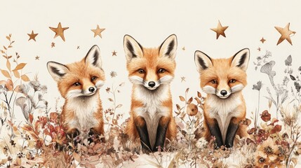 Ingelijste posters Whimsical Boho Trio of Foxes Surrounded by Stars and Natural Elements in a Charming Nursery Setting with Delicate Floral Accents