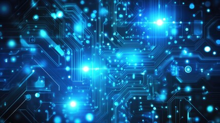 Abstract blue technology background featuring glowing light effects with intricate circuit patterns and vibrant luminescent dots.