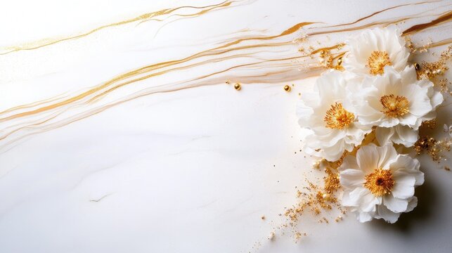 Elegant wedding backdrop showcasing white and gold flowers on a white marble surface with empty space for customization from an aerial perspective.