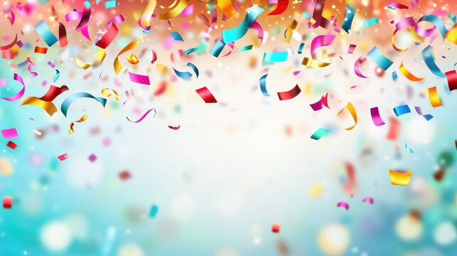 Colorful confetti cascades against a softly blurred background with a decorative banner, creating a festive atmosphere and ample space for personalized text.