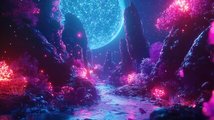 Futuristic Neon Landscape with Glowing Flora Under a Shimmering Celestial Body Surrounded by Intricate Natural Features and Vibrant Colors