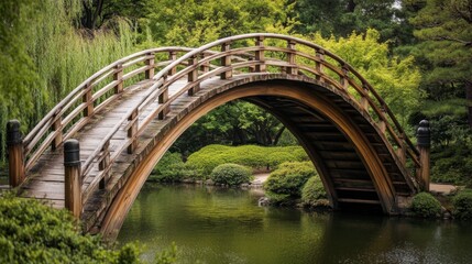 Fototapeta premium Beautiful curved wooden bridge in a serene garden setting with lush greenery and reflections in the calm water, creating a tranquil atmosphere for relaxation and reflection.
