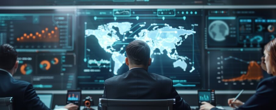 Virtual Holographic Business Struggle: 3D Price Decline Visualization in Dark Tech Boardroom