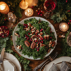 Elegant Holiday Kale Pomegranate Salad with Pecans and Candlelit Ambiance