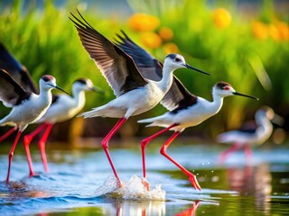 Obraz premium Black-Winged Stilt Landing in River - Long Exposure