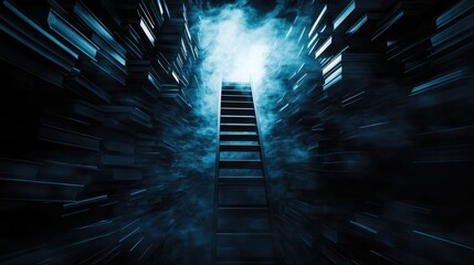 Futuristic monochrome ladder ascending through misty stacks of books, emphasizing a sleek design and high-tech atmosphere in a dramatic setting.