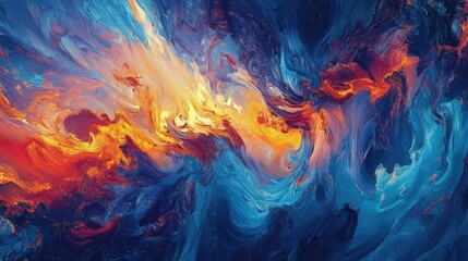 Fototapeta premium Vibrant abstract artwork showcasing dynamic brushstrokes in rich blue, orange, and red hues, perfect for modern interior designs symbolizing energy and movement.