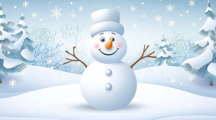 Fototapeta premium Smiling Snowman in Snowy Winter Landscape with Cheerful Expression