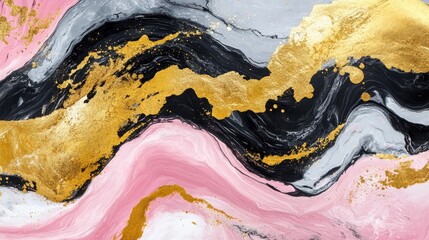 Elegant fluid art composition with swirling waves of gold, black, and pink creating a stunning marble-like texture and captivating background.