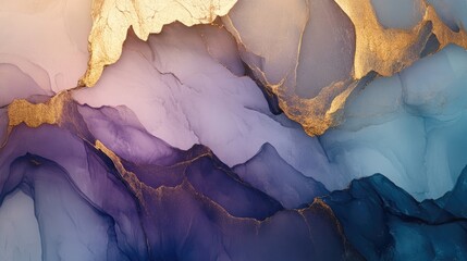 Metallic Gold Highlights in Abstract Fluid Art with Blue and Purple Waves, Creating Beautiful Marble Texture Design, Perfect for Modern Interior Decor, Art Enthusiasts, Artistic Themes