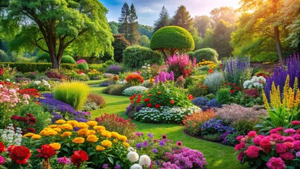 Obraz premium A blooming garden in full color with vibrant flowers and lush greenery, branches, new beginnings, blossoms