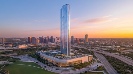 Obraz premium Stunning Aerial View of a Modern Skyscraper at Sunset Overlooking a Vibrant Urban Skyline with Dramatic Clouds and Colorful Skies in the Background