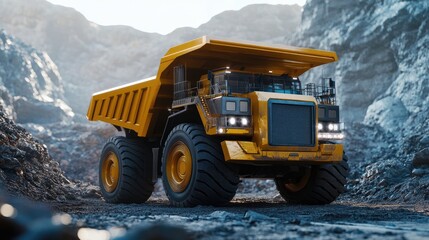 A powerful yellow mining dump truck navigating through rocky terrain, showcasing its robust design and impressive size.